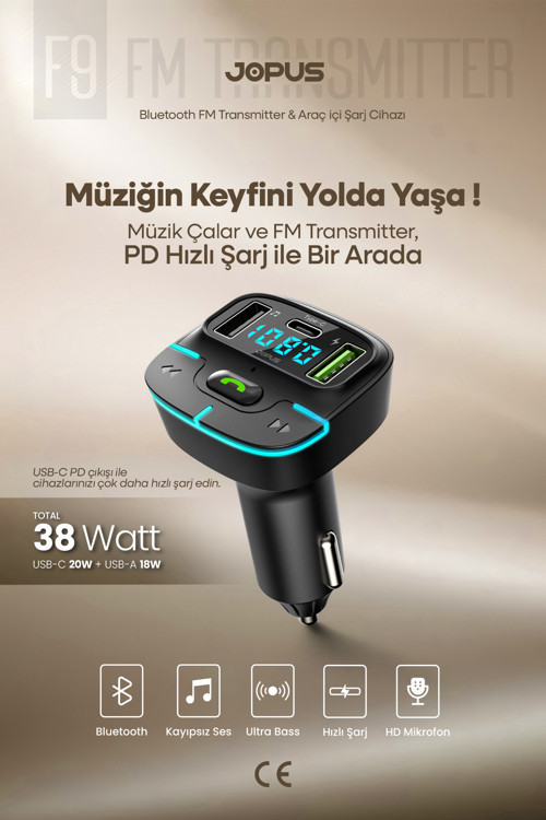 F9 Araç Fm Transmitter 5.3 Bluetooth Araç Kiti Usb Type-C Hızlı Şarj Kart Çakmaklık Girişli