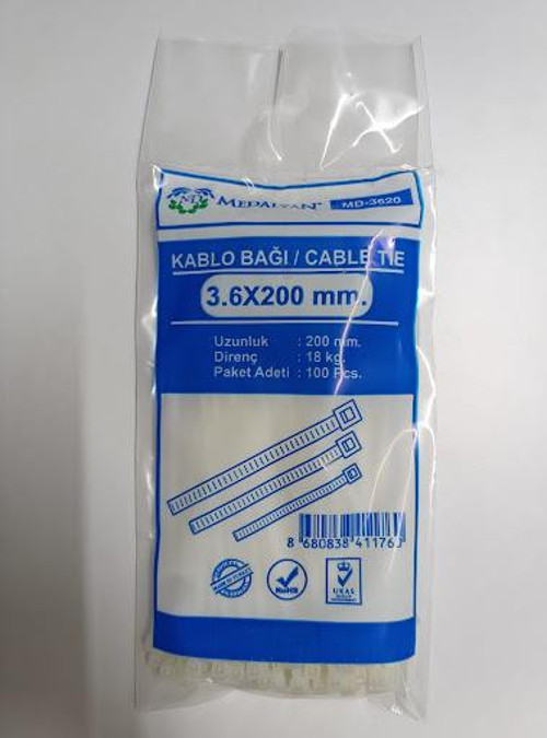 Şeffaf Kablo Bağı Kelepçesi Klipsi - 3.6 x 200 mm - 100 Adetlik Paket