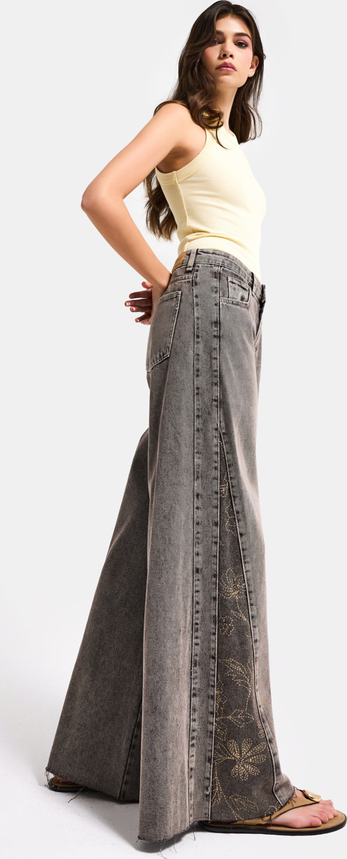 Kadın Kahve 4s6-16 Palazzo Fit Paça Desen Çiçek Nakışlı Özel Tasarım Denim Jean