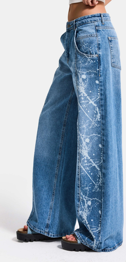 Kadın Mavi 2s6-4 Wide Leg Fit Bol Kesim %100 Koton Özel Tasarım Denim Jean