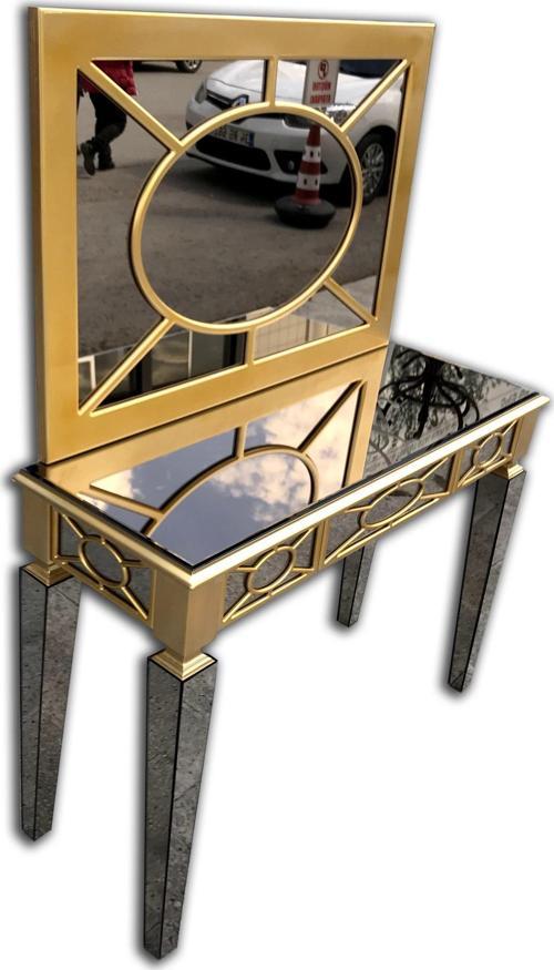 Dresuar 13718 MOTİFLİ Ayna Kaplama MODEL Parlak Gold Renk Kayın torna Çekm Elyapı