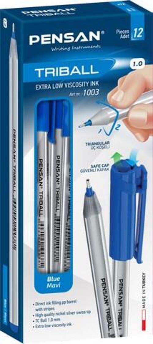 Triball 1mm Üçgen Gövdeli Tükenmez Kalem 12'li Kutu Mavi