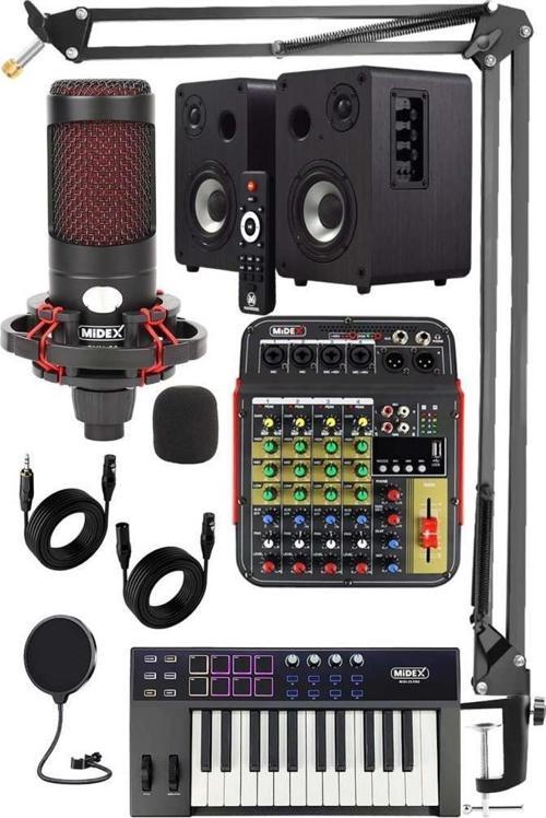 CXN-30 Paket-7 Midi Klavye 4 Kanal Stüdyo Kayıt Mikserli Referans Monitörlü Condenser Mikrofon Seti