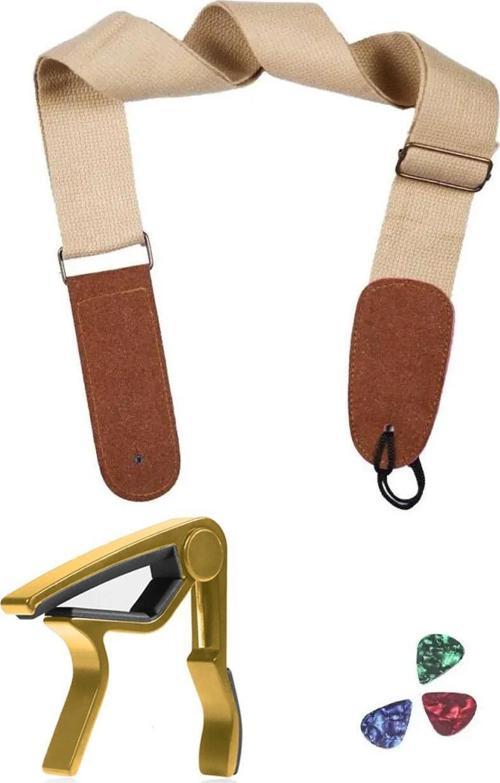 HG22C Krem Renk Gitar Omuz Askısı Metal Capo Pena Paketi
