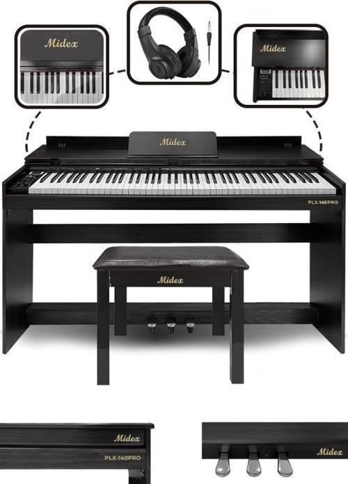 PLX-140 PRO-BK Dijital Piyano Bluetooth Tuş Hassasiyeti 88 Tuşlu Kapaklı (Kulaklık ve Tabure)