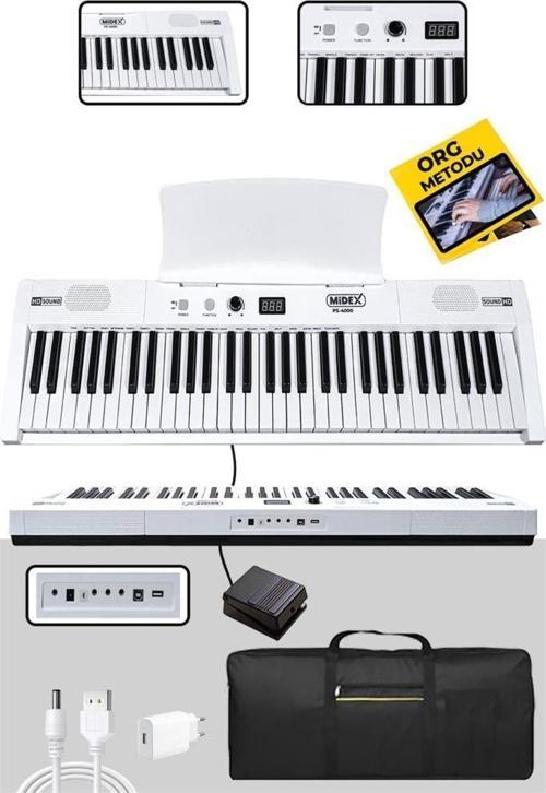 PS4000WH Tuş Hassasiyetli 61 Tuşlu Org Bluetooth USB Midi METOD (Sustain Pedalı Çanta)