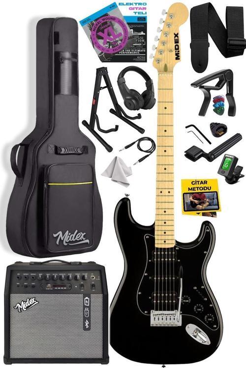 RPH-40BK-50AMP Full Black 50W Şarjlı BT Amfili Elektro Gitar Seti HSH Manyetik Maple Klavye