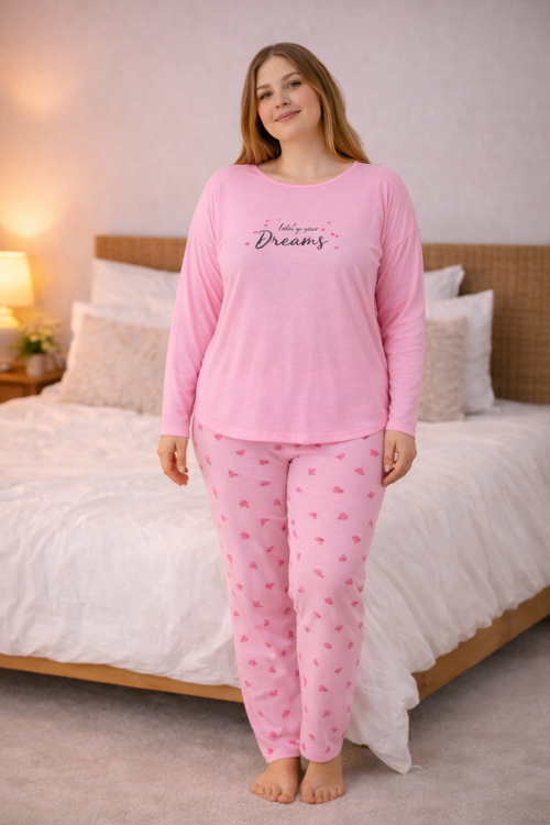 Kadın Büyük Beden Uzun Kollu Rahat Pijama Takımı – Yumuşak Dokulu Konforlu Ev Giyimi
