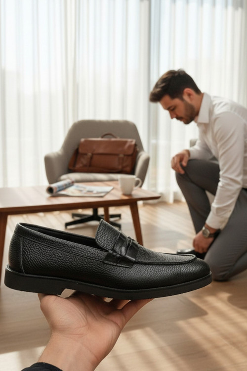 Enoch Hakiki Deri Siyah Dokulu Bağcıksız Erkek Klasik Loafer