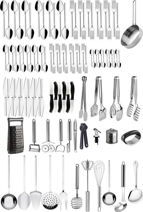 104 Parça Çatal Kaşık Bıçak Takımı, 12 Kişilik Sade Model Yemek Takımı, Kepçe Spatula Kevgir Tava