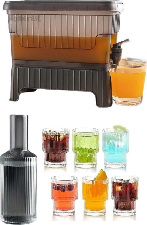 4 Litre Antrasit Musluklu Buzdolabı Su Limonata Sebili, 1 Litre Cam Sürahi, 300 Ml Origami Bardak