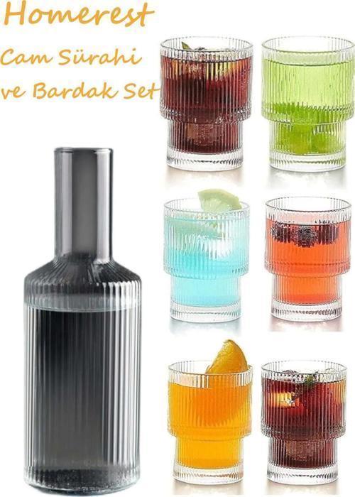 7 Adet Cam Sürahi Bardak Seti, Origami Stil 1 Litre Cam Sürahi, 6 Adet 300 Ml Cam Bardak, Modern Set
