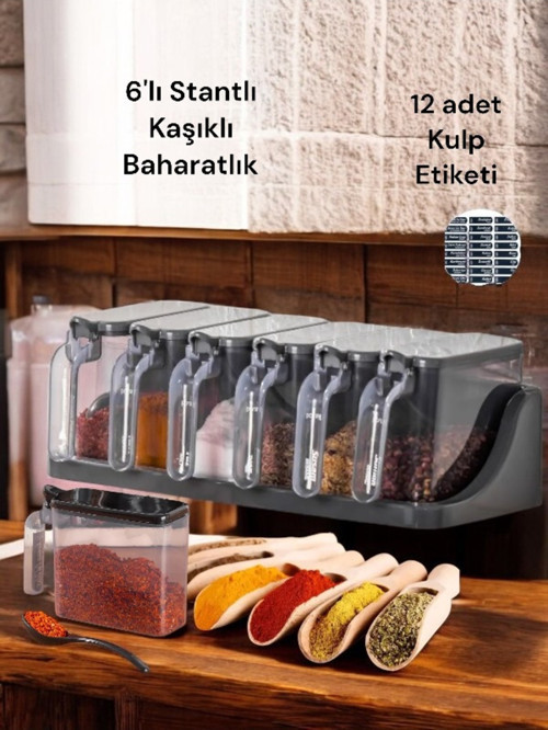 6 Lı Standlı Kendinden Yapışkanlı Kapaklı Kaşıklı Baharatlık Takımı -Etiketli Baharatlık