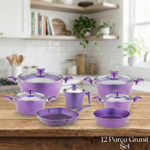 12 Parça Granit Set Cam Kapak - Violet