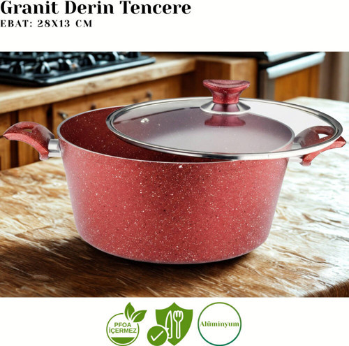 10 Parça Granit Set Cam Kapak - Kırmızı