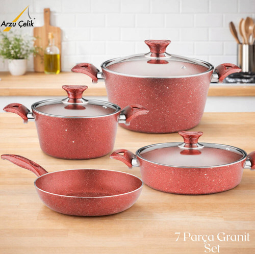 7 Parça Granit Set Cam Kapak - Kırmızı
