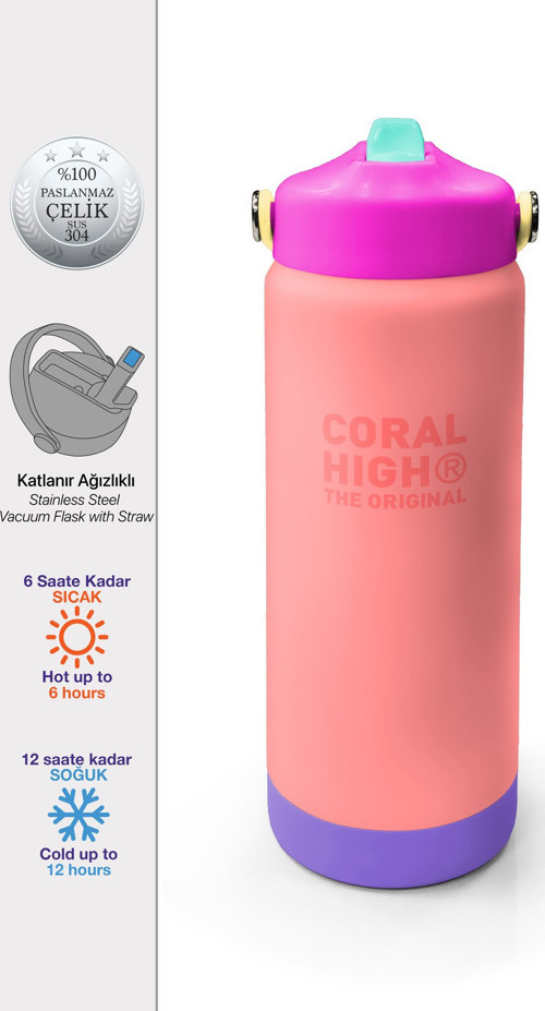 Renkli Yavruağzı Desenli Katlanır Ağızlıklı Çelik Termos 650 ml 38362
