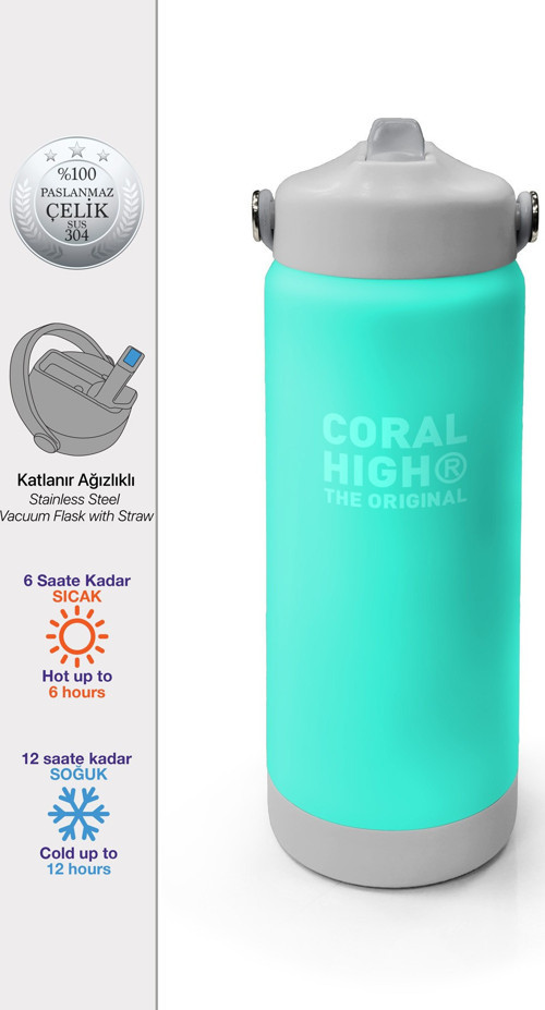 Su Yeşili Gri Desenli Katlanır Ağızlıklı Çelik Termos 650 ml 38357