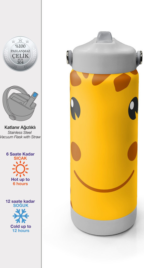 Zürafa Desenli Katlanır Ağızlıklı Çelik Termos 650 ml 38344