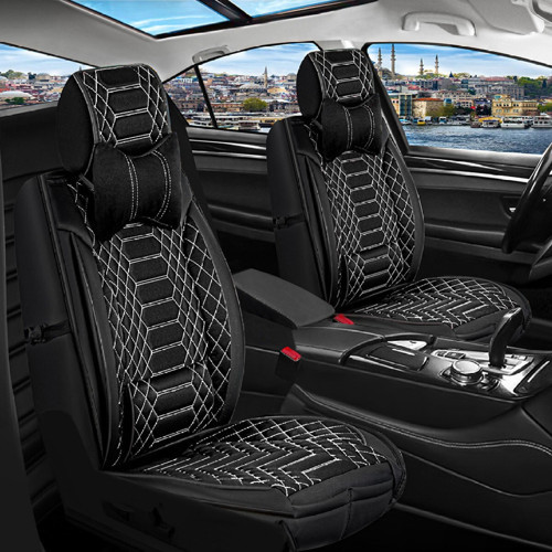 Audi A5 Serisilüks Deri Oto Koltuk Kılıfı Ön/Arka Set Royal Siyah Beyaz