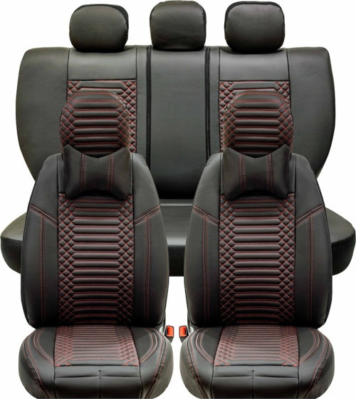 Seat Leon Lüks Deri Oto Koltuk Kılıfı Ön/Arka Set Exclusive Siyah Kırmızı