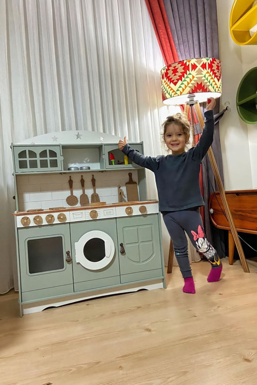 Çocuklar İçin Vintage Yeşil Oyuncak Mutfak Led Hediyeli
