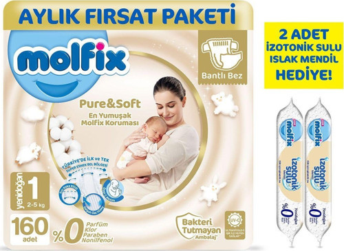 Pure And Soft Bebek Bezi Yeni Doğan 160 Adet + 2 Adet Izotoniksulu Islak Mendil Yenidoğan