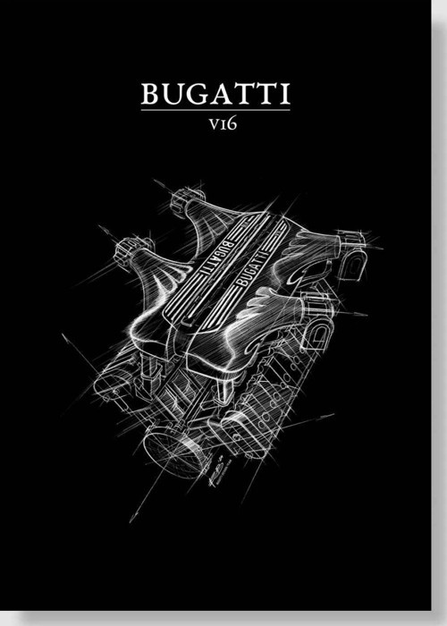 Bugatti V16 Engine Sketch Araba Poster Çerçevesiz Yüksek Kalite Araba Afiş Duvar Poster