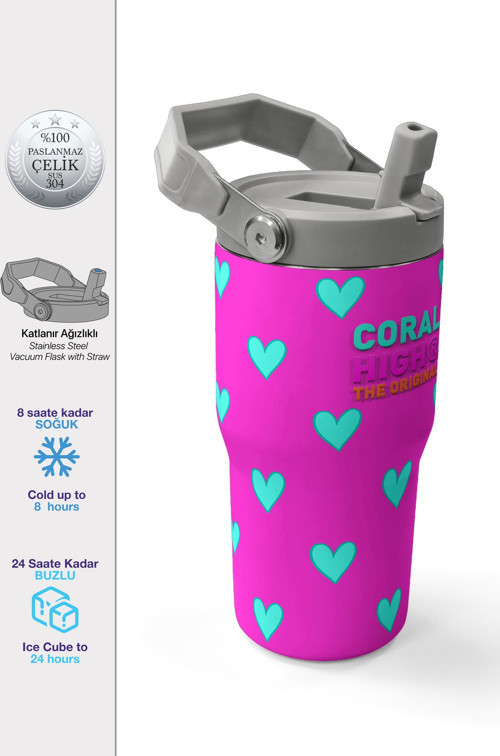 Neon Pembe Su Yeşili Kalp Desenli Katlanır Ağızlıklı Çelik Termos 600 ml 38908