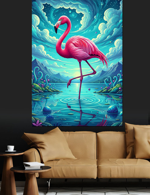 Pembe Flamingo Su Sanatı Dekoratif Kanvas - Mdf Ahşap Tablo