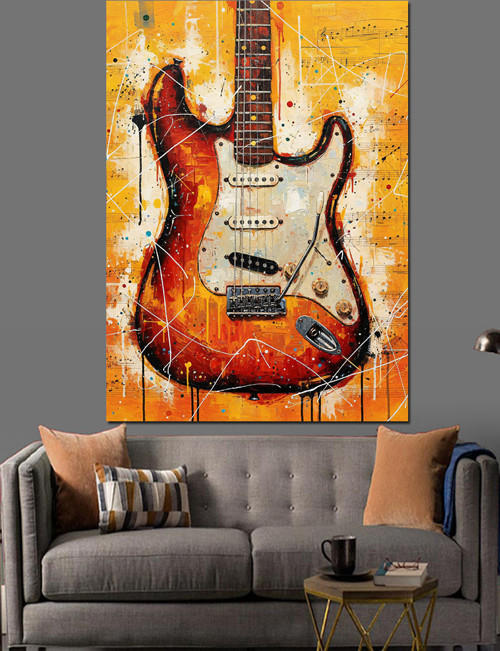 Kırmızı Gitar Alev Desenleri Dekoratif Kanvas - Mdf Ahşap Tablo