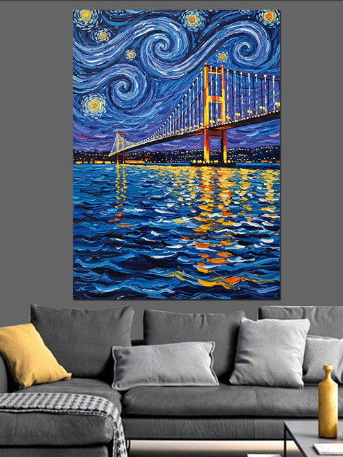 Van Gogh Yıldızlı Gece Köprü Soyut Dekoratif Kanvas - Mdf Ahşap Tablo