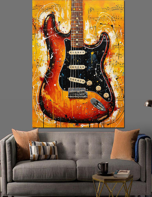 Kırmızı Elektrik Gitar Alevler Dekoratif Kanvas - Mdf Ahşap Tablo