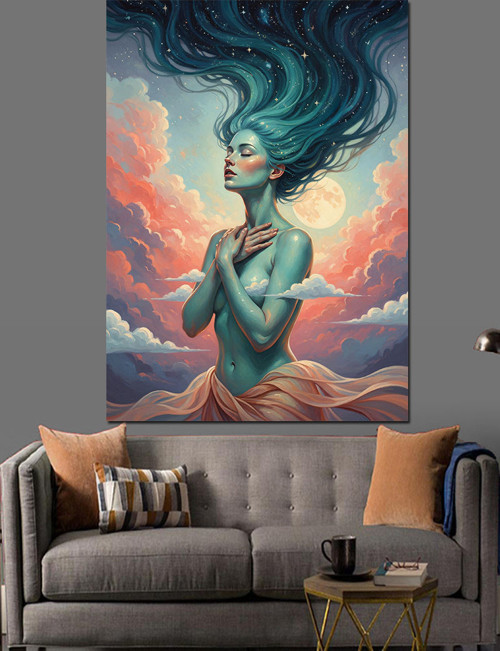 Mavi Saçlı Güzel Kız Ve Gökyüzü Soyut Dekoratif Kanvas - Mdf Ahşap Tablo