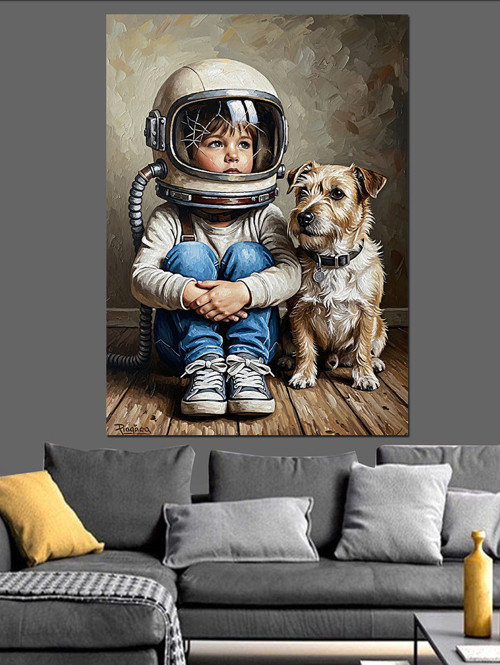 Astronot Çocuk Ve Köpek Dostu Dekoratif Kanvas - Mdf Ahşap Tablo