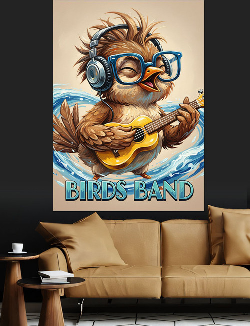 Gitar Çalan Kuş Bandosu Retro Dekoratif Kanvas - Mdf Ahşap Tablo