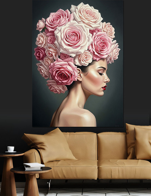 Çiçek Başlı Kadın Portresi Dekoratif Kanvas - Mdf Ahşap Tablo
