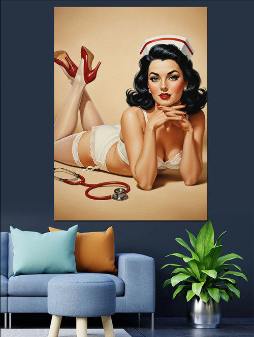 Kırmızı Ayakkabılı Hemşire Kostümlü Pin Up Kızı Dekoratif Kanvas - Mdf Ahşap Tablo