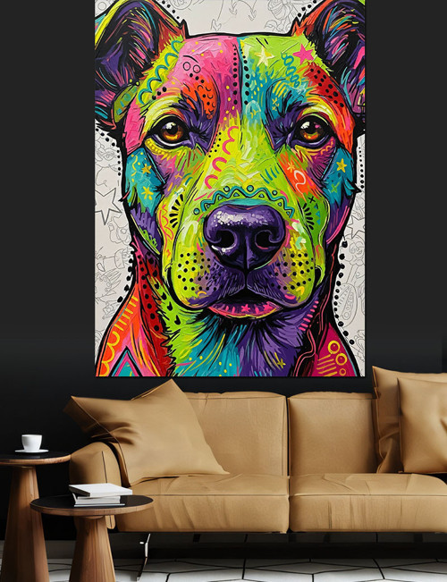 Neon Renkli Köpek Portresi Dekoratif Kanvas - Mdf Ahşap Tablo