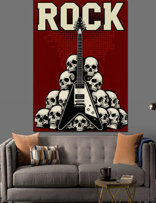 Rock Müzik Kafatası Sanatı Dekoratif Kanvas - Mdf Ahşap Tablo