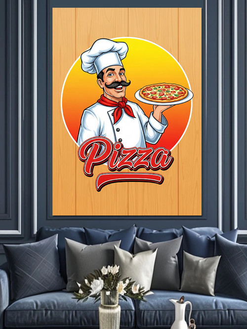 Gülen Aşçı Pizza Tutuyor Dekoratif Kanvas - Mdf Ahşap Tablo