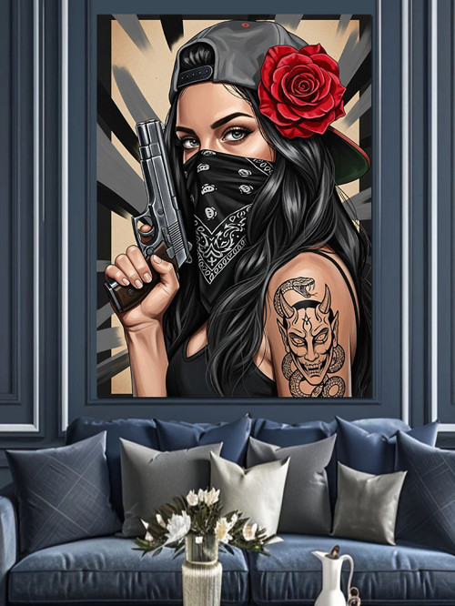 Güllü Kadın Maskeli Retro Dekoratif Kanvas - Mdf Ahşap Tablo