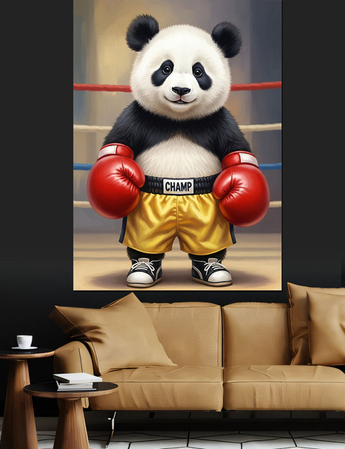 Boks Eldivenli Panda Komik Dekoratif Kanvas - Mdf Ahşap Tablo