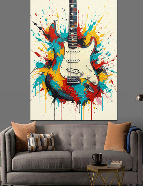 Renk Püskürten Elektro Gitarı Dekoratif Kanvas - Mdf Ahşap Tablo