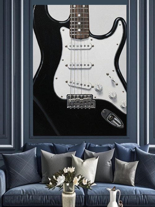 Siyah Beyaz Elektro Gitar Dekoratif Kanvas - Mdf Ahşap Tablo