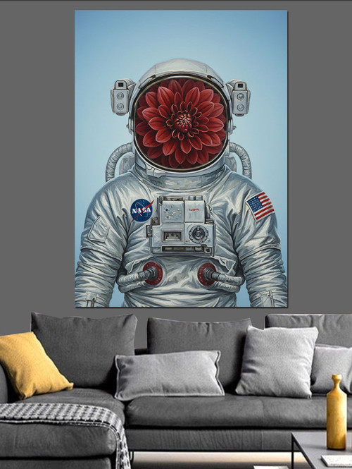Çiçek Başlı Astronot Dekoratif Kanvas - Mdf Ahşap Tablo