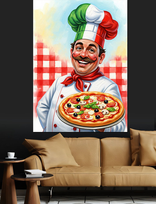 İtalyan Aşçı Pizza Sunuyor Dekoratif Kanvas - Mdf Ahşap Tablo