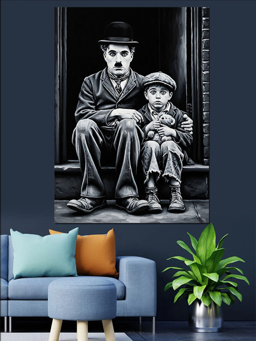 Charlie Chaplin ve Çocuk Dekoratif Kanvas - Mdf Ahşap Tablo