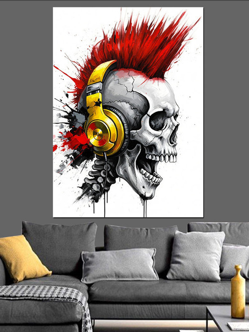 Turuncu Punk Saçlı Kurukafa Kulaklıkta Rock Müzik Dinliyor Dekoratif Kanvas - Mdf Ahşap Tablo