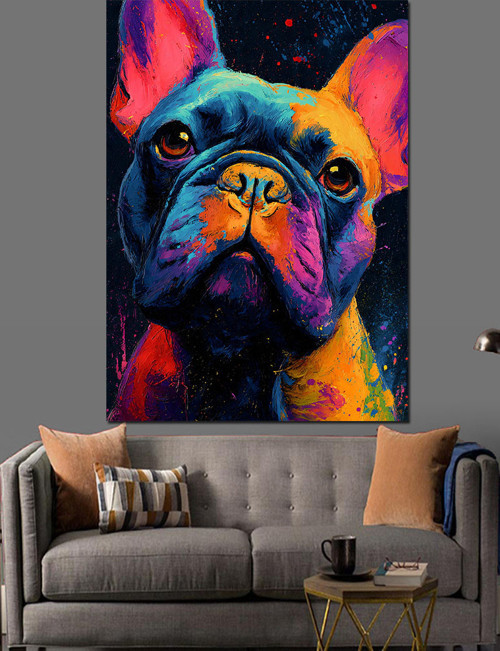 Renkli Fransız Bulldog Köpek Dekoratif Kanvas - Mdf Ahşap Tablo